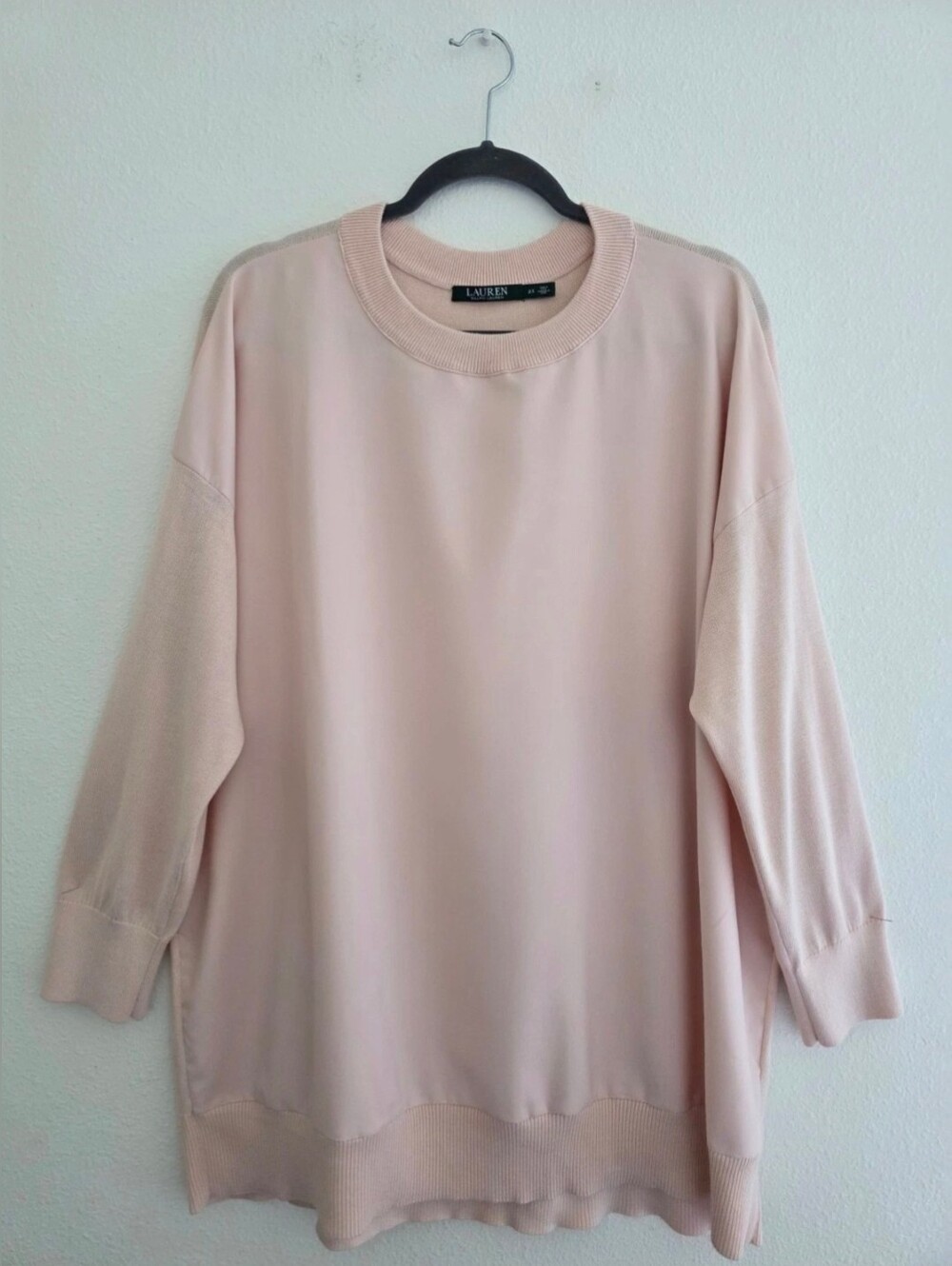 Ralph Lauren Mixed Media Tunic Sweater Satiny Front Dropped Shoulder In Rose 2XL